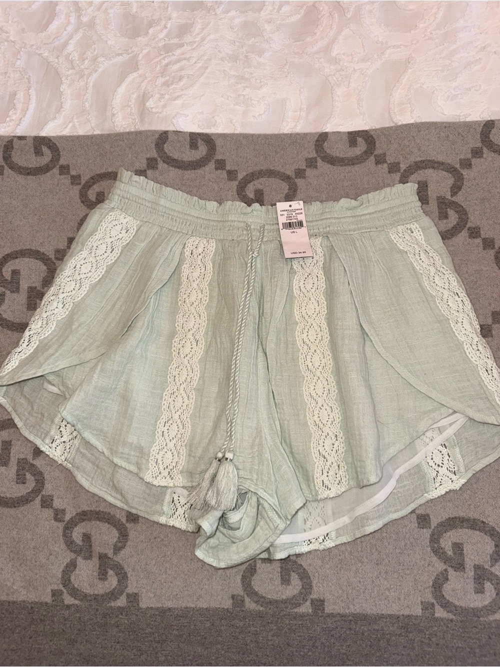 NWT American Eagle Green Blue Drawstring Shorts with lace crochet detail